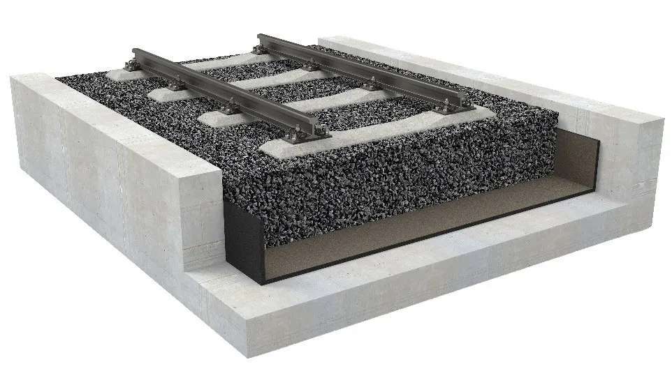 Cutaway render of a Calenberg mass-spring-system track bed: a concrete trough lined with elastomer mats beneath the ballast
