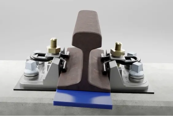 Render of a rail on two ShimLift fastenings, with the wedge underneath